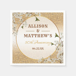 50th Gold Glitter Frame Floral Wedding Anniversary Napkins