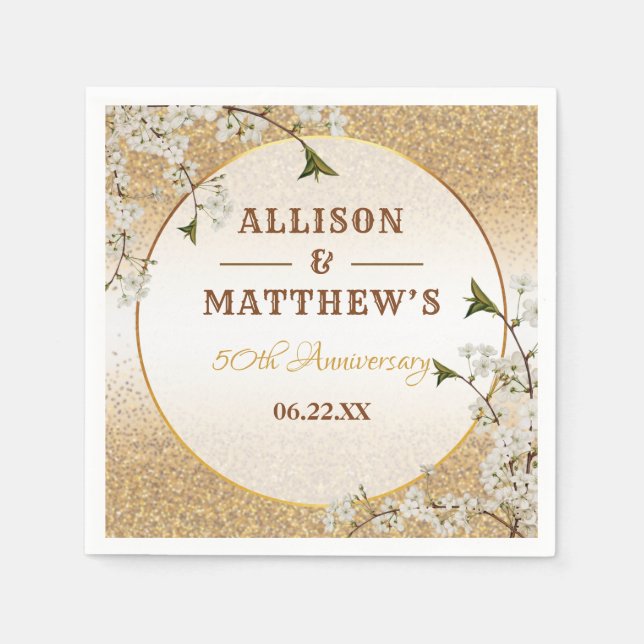 50th Gold Glitter Frame Floral Wedding Anniversary Napkins (Front)