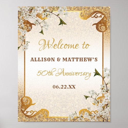 50th Gold Glitter Frame Floral Wedding Anniversary Poster
