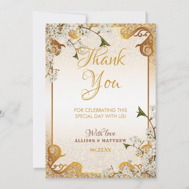 50th Gold Glitter Frame Floral Wedding Anniversary Thank You Card (Front)