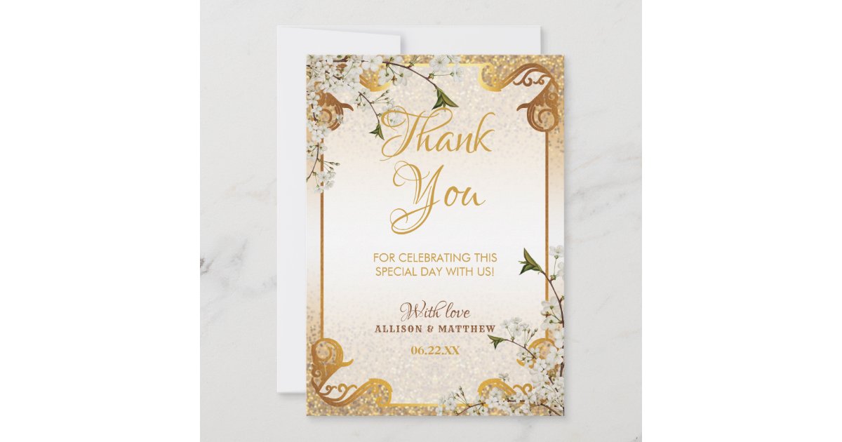 50th Gold Glitter Frame Floral Wedding Anniversary Thank You Card | Zazzle