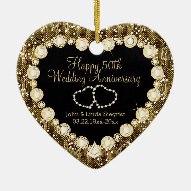 50th Gold Glitter Wedding Anniversary Ceramic Ornament (Front)