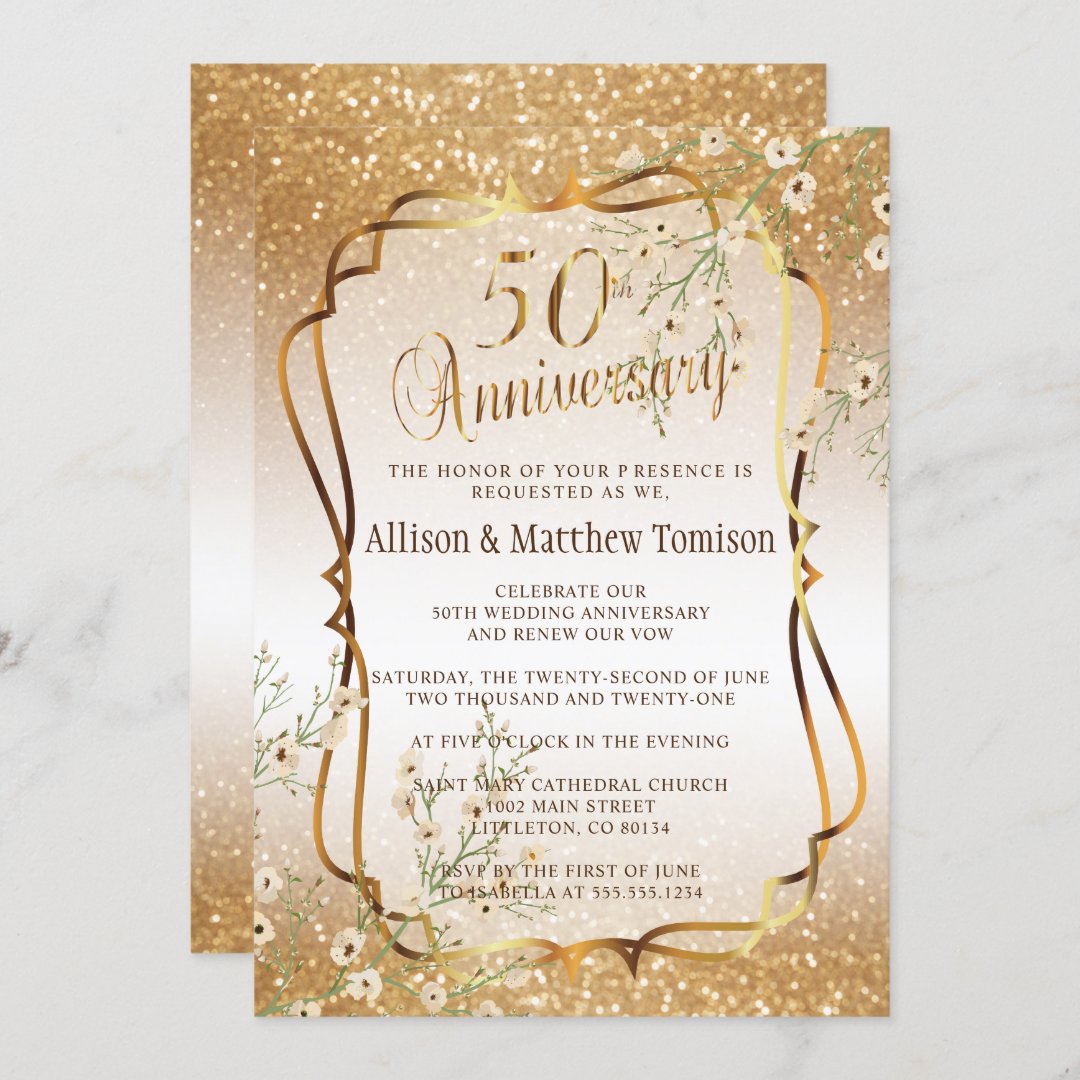 50th Gold Glitter Wedding Anniversary | DIY Text Invitation | Zazzle