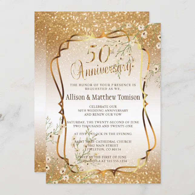 50th Gold Glitter Wedding Anniversary | DIY Text Invitation | Zazzle