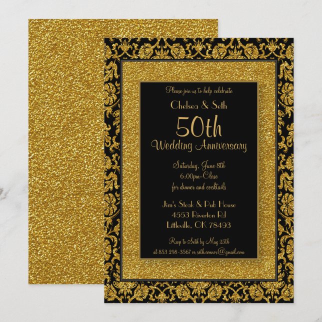 50th Gold Glitter Wedding Anniversary Invitation (Front/Back)