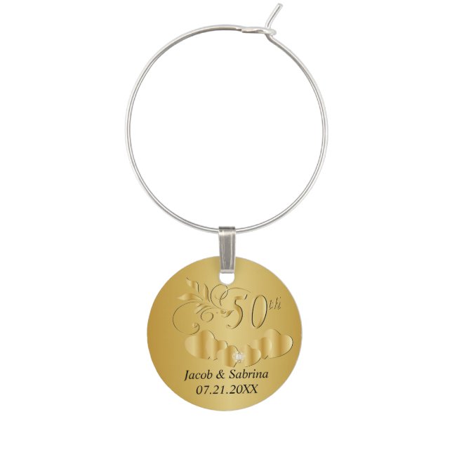 50th Gold Leaf Wedding Anniversary | DIY Text Wine Glass Charm (Front)