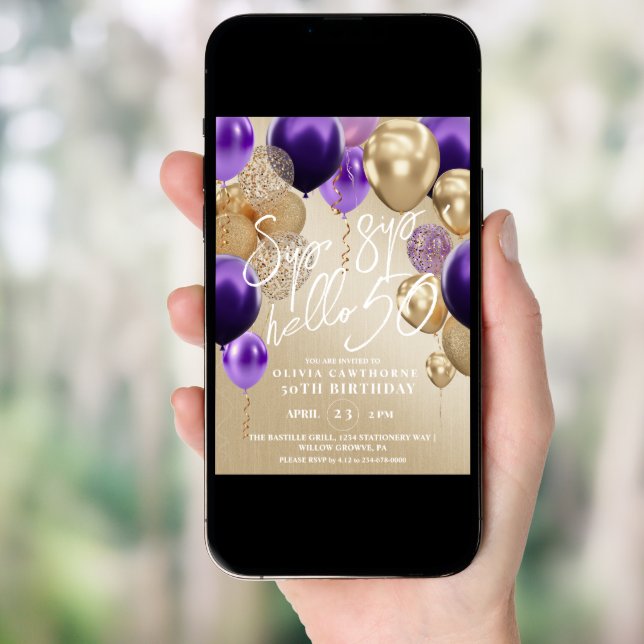 50th Gold Purple Balloons Birthday Party Invitatio Invitation (Front Digital)