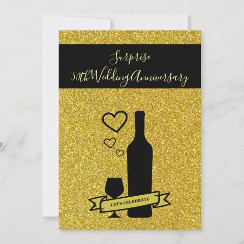 50th Gold Surprise Wine Hearts Wedding Anniversary Invitation