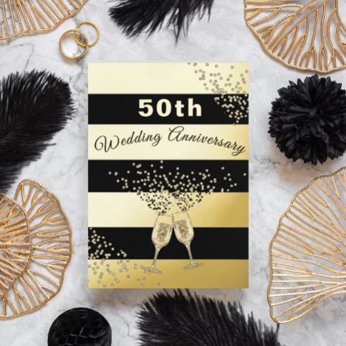 50th Gold Wedding Anniversary Black Chic Elegant Foil Invitation