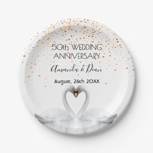 50th gold wedding anniversary chic white swans paper plates