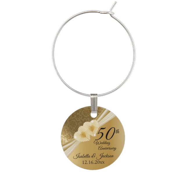 50th Gold Wedding Anniversary Design Wine Charm (Front)