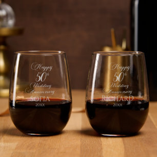 50th Gold Wedding Anniversary Elegant Script Stemless Wine Glass