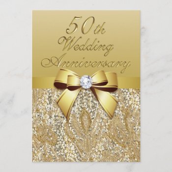 50th Gold Wedding Anniversary Faux Bow Sequins Invitation by GroovyGraphics at Zazzle