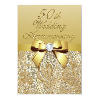 50th Gold Wedding Anniversary Faux Bow Sequins Invitation