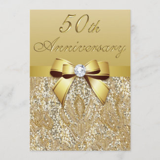 50th Gold Wedding Anniversary Faux Sequins and Bow Invitation