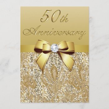 50th Gold Wedding Anniversary Faux Sequins And Bow Invitation by GroovyGraphics at Zazzle