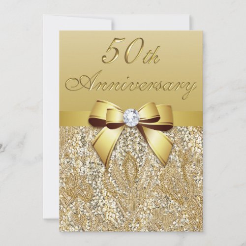 50th Gold Wedding Anniversary Faux Sequins and Bow Invitation