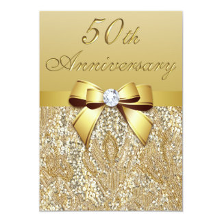 50th Gold Wedding Anniversary Faux Sequins and Bow Invitation