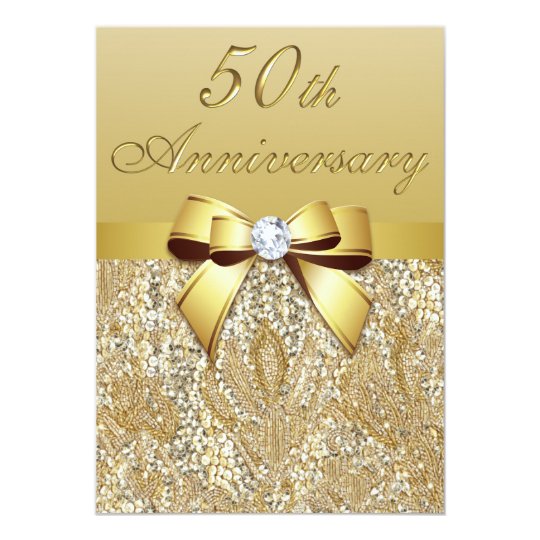 50th Gold Wedding Anniversary Faux Sequins And Bow Invitation