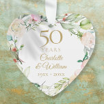 50th Gold Wedding Anniversary Floral Keepsake Ornament<br><div class="desc">Featuring a delicate watercolor floral garland,  this chic botanical 50th wedding anniversary keepsake can be personalized with your special anniversary details in elegant gold text and your special photo on the reverse. Designed by Thisisnotme©</div>