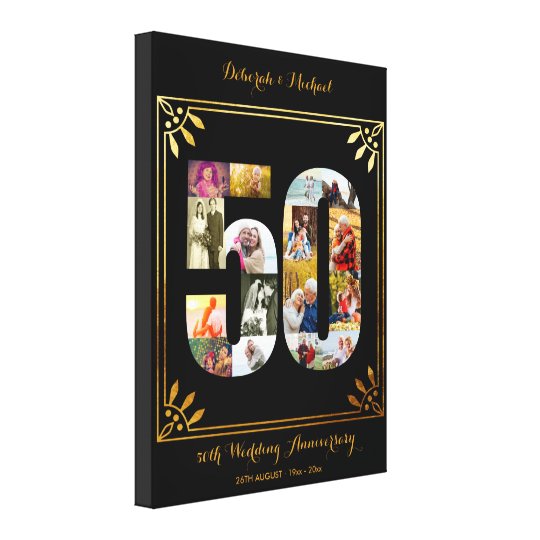 50th Gold Wedding Anniversary Photo Collage Black Canvas