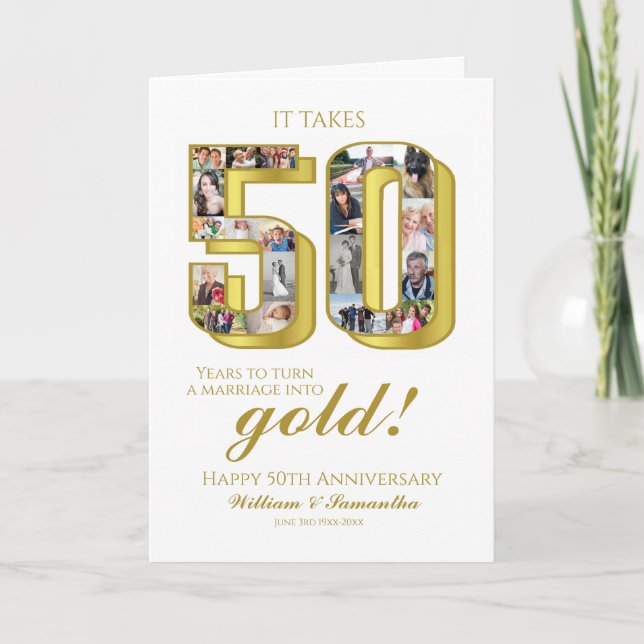 50th Gold Wedding Anniversary Photo Collage Card (Front)