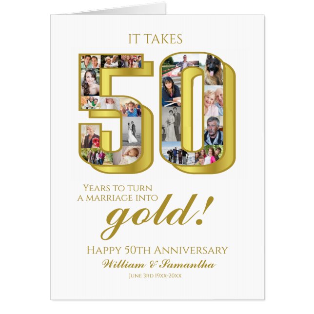 50th Gold Wedding Anniversary Photo Collage Card (Front)