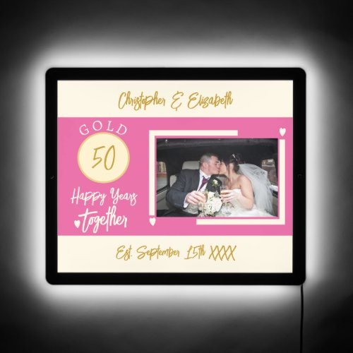 50th Gold wedding anniversary photo pink LED Sign