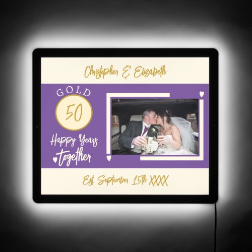 50th Gold wedding anniversary photo purple LED Sign