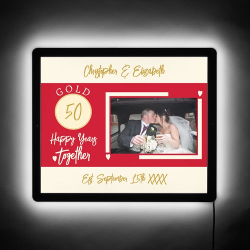 50th Gold wedding anniversary photo red LED Sign