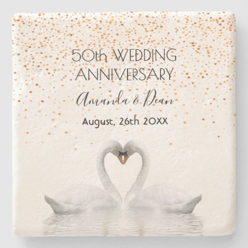 50th gold wedding anniversary romantic white swans stone coaster