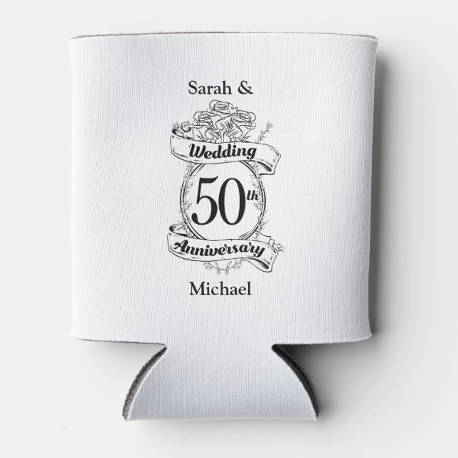 50th Gold Wedding Anniversary Roses Can Cooler (Front)