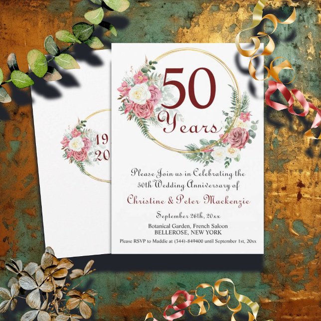50th Gold Wedding Anniversary Roses Gold Frame Invitation (Creator Uploaded)