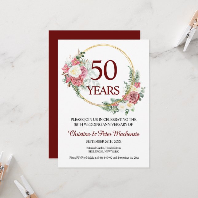 50th Gold Wedding Anniversary Roses  Invitation (Front/Back In Situ)