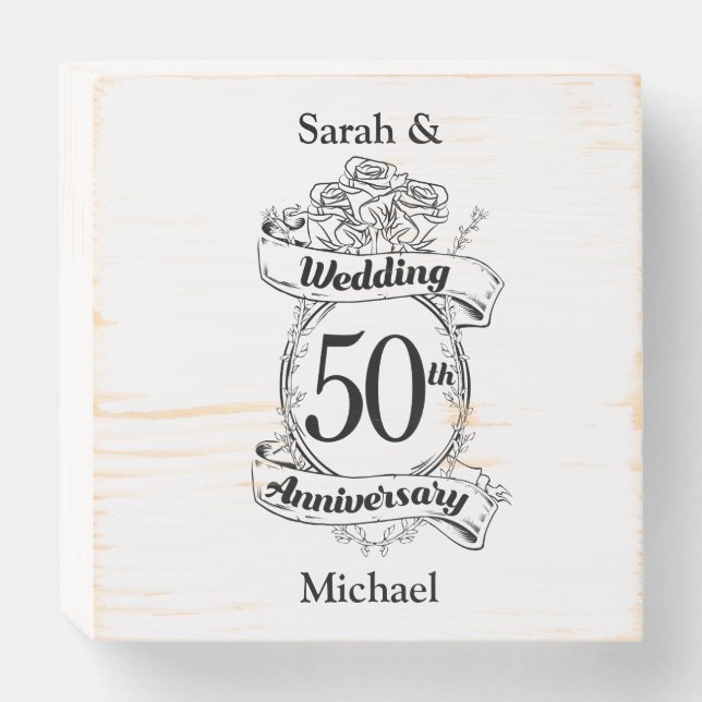 50th Gold Wedding Anniversary Roses Wooden Box Sign (Front Horizontal)