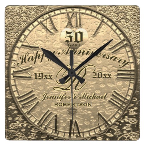 50th Gold Wedding Anniversary Vintage Antique Square Wall Clock