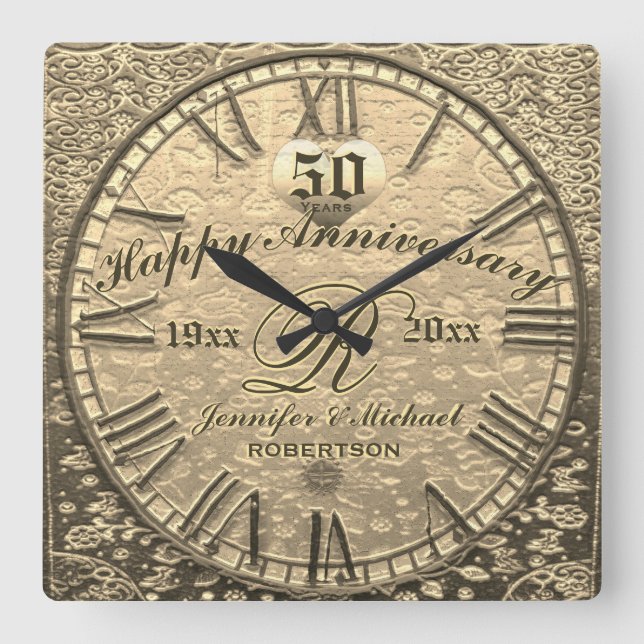 50th Gold Wedding Anniversary Vintage Antique Square Wall Clock (Front)