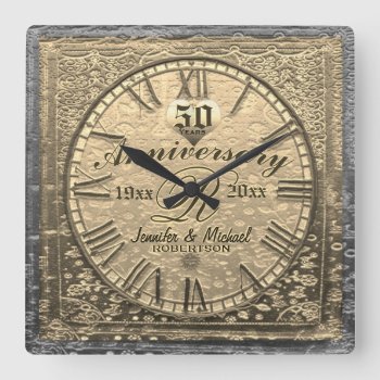 50th Gold Wedding Anniversary Vintage Distressed Square Wall Clock by AZEZcom at Zazzle