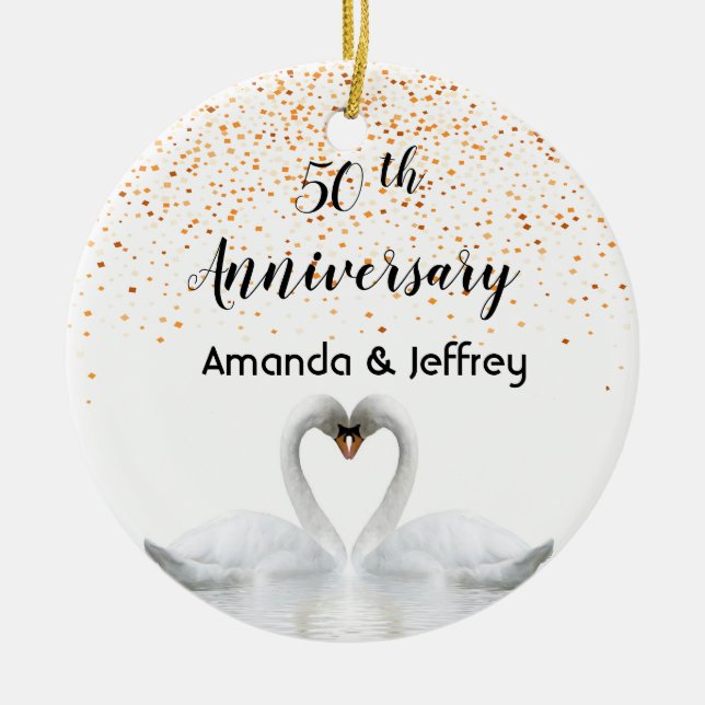 50th gold wedding anniversary white swans ceramic ornament (Front)