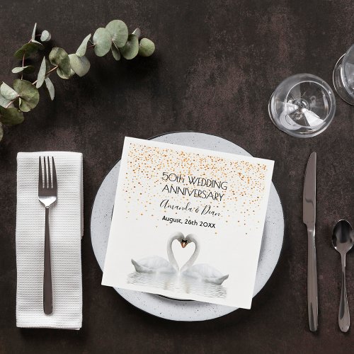 50th gold wedding anniversary white swans love napkins