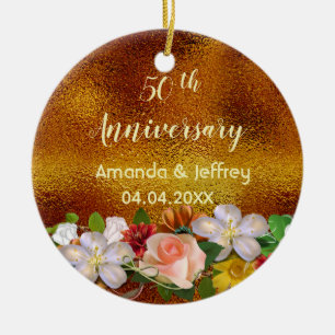 50th gold wedding anniversy white florals ceramic ornament