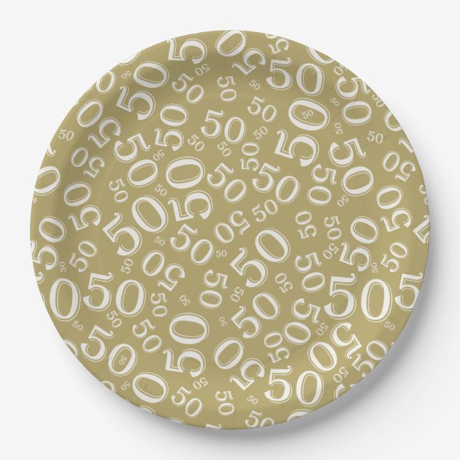50th Gold/White  Random Number Pattern Paper Plates (Front)