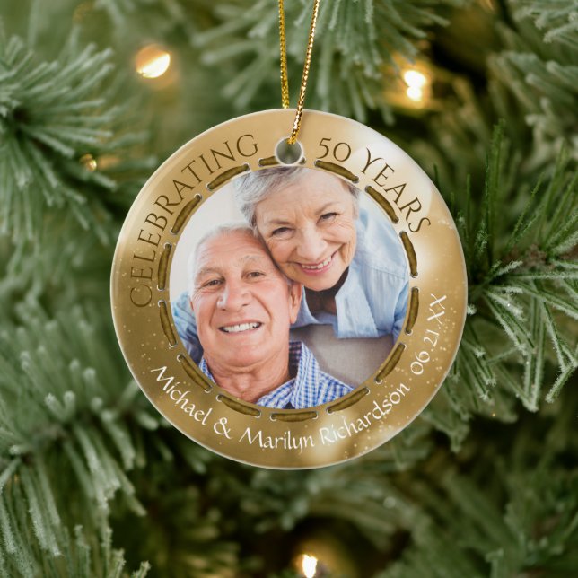 50th Golden Anniversary, 2-Sided 2-Photo Gold Ceramic Ornament (Tree)