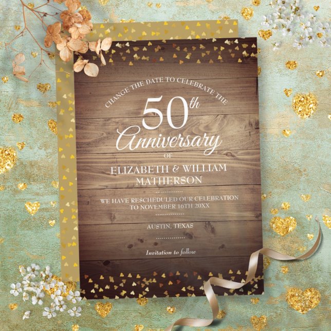 50th Golden Anniversary Change the Date Rustic Invitation