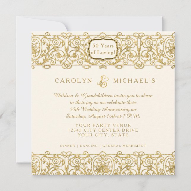 50th Golden Anniversary Cream Art Deco w Photo Invitation (Front)