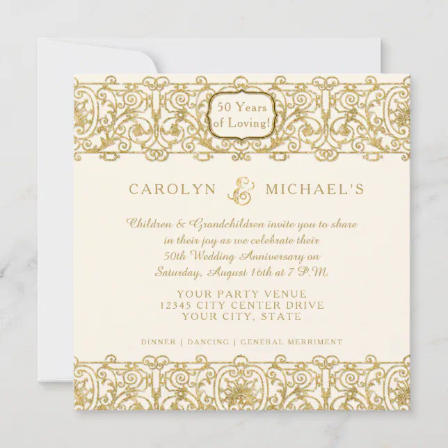 50th Golden Anniversary Cream Art Deco W Photo Invitation 