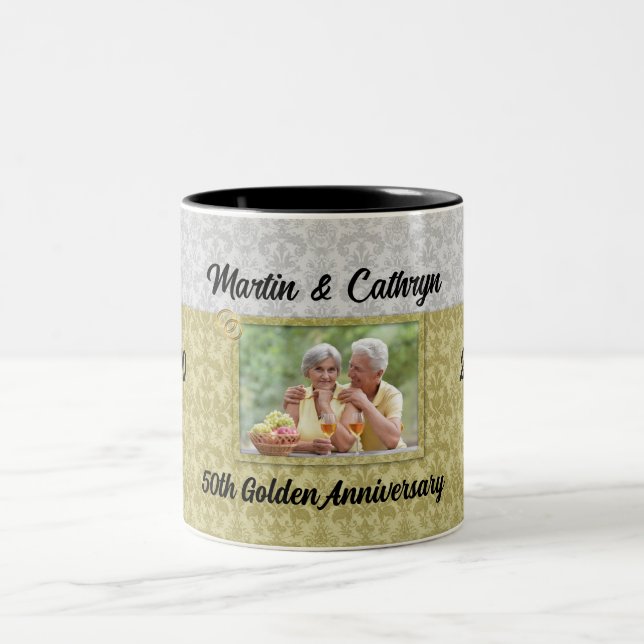 50th Golden Anniversary Damask Photo and Year Two-Tone Coffee Mug (Center)