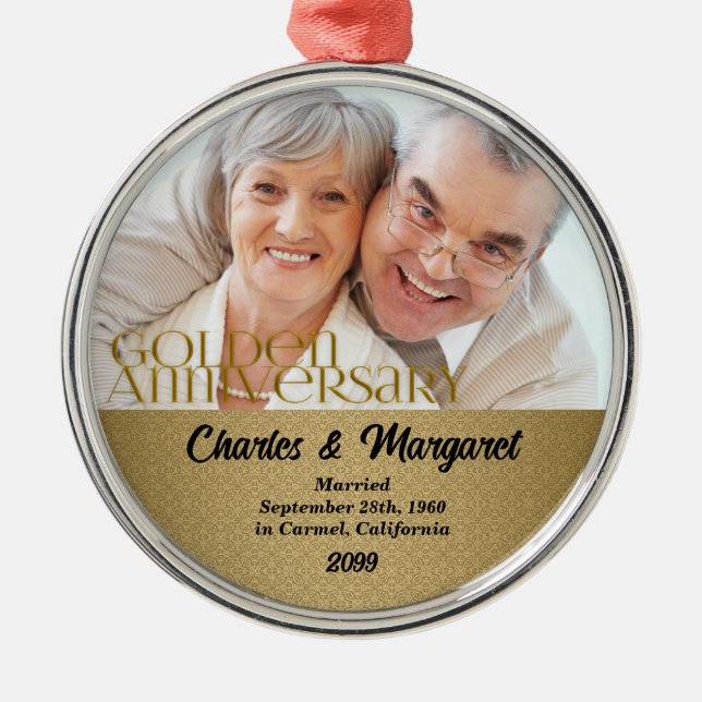 50th Golden Anniversary Damask Photo Christmas Metal Ornament (Front)