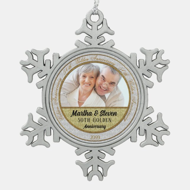 50th Golden Anniversary Damask Photo Snowflake Pewter Christmas Ornament (Front)