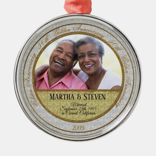 50th Golden Anniversary Damask Photo with Names Metal Ornament (Front)